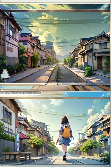 （（（Comic storyboard））），comic strip，Two-dimensional picture，Manhwa Style，Ultra-wide angle of view，China-style，A young girl carrying a school bag runs through the streets of a scenic town，Vivid and bright colors，super-fine，ultra - detailed，high qulity，8K ，oc...