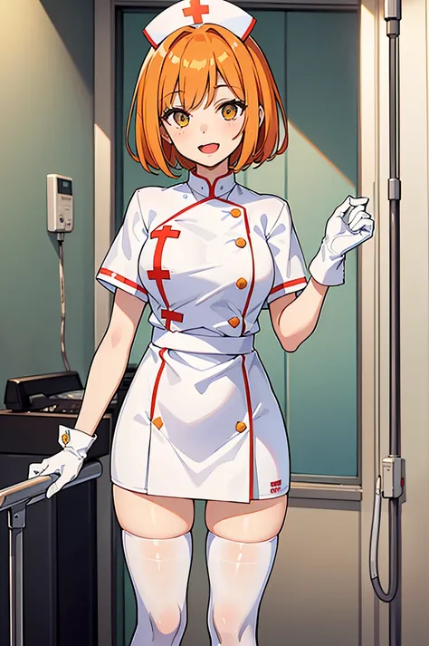 1girl, solo, nurse, nurse cap, white wear, ((white legwear, zettai ryouiki)), white gloves, very short hair, orange hair, smile, open mouth, standing, ((hospital room)), sharp outline, short sleeves, tomboy, boyish, best quality, masterpiece