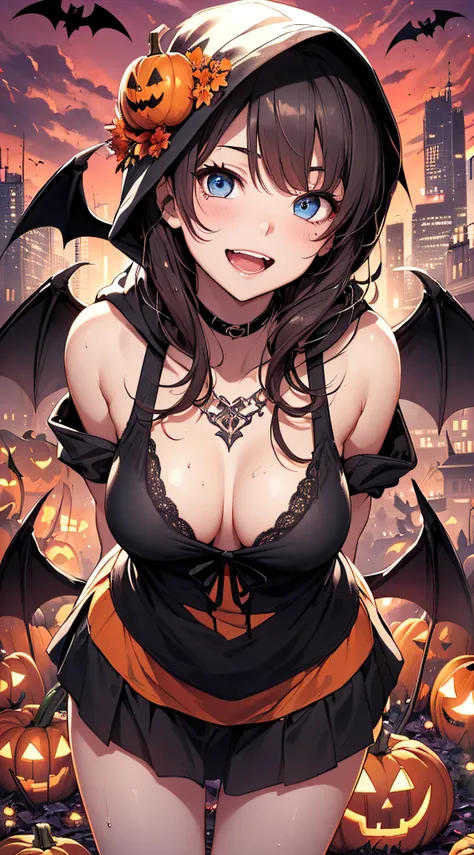 top-quality、Top image quality、​masterpiece、teens girl((18year old,Succubus、Black and orange tattered tank top,Tattered orange and black short skirt、Tattered orange short-sleeved hoodie、Wearing a hood,Best Bust、Bust 85、A dark-haired、Longhaire,Blue eyes、open...