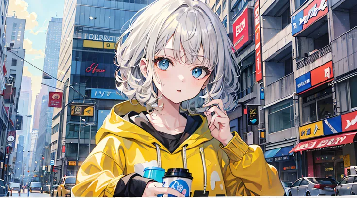 (​masterpiece、top-quality、top-quality、watercolor paiting(Curly)1girl, short white hair, blue eyes, wearing yellow hoodie,  gray sweatpants, cyber punk city, absurdres, high res, ultrasharp, 8K, masterpiece, looking at viewer