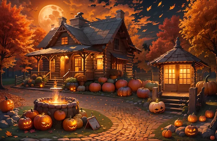 Autumn landscape, Night view of pumpkins, fullmoon, Halloween、Small cabin, Falling leaves, Autumn weather, Small fountain, Realistic, lantern, fire flame