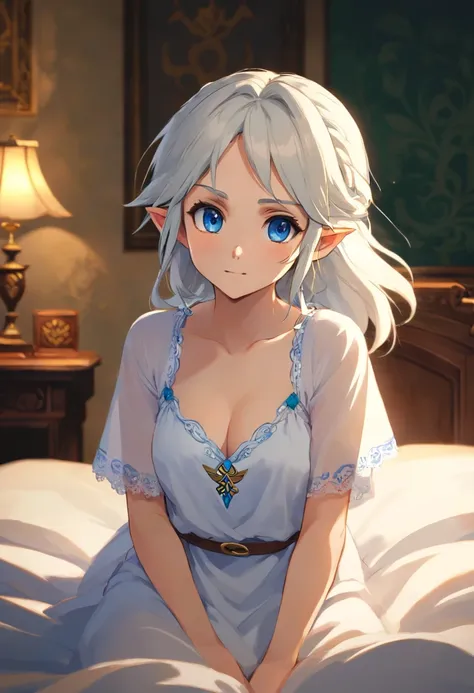 Medium shot, medium shot, bust, cinematic angle, masterpiece, best quality, super detail, CG, 8K wallpaper, pretty face, scared eyes, a maiden, solo, skyline, light blue short shirt, translucent white nightgown, long white fluffy hair, in asylum room, wrap...