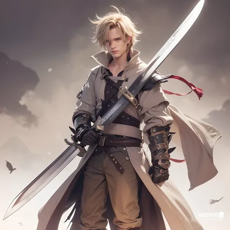 a man with a sword standing in front of a cloudy sky, with large sword