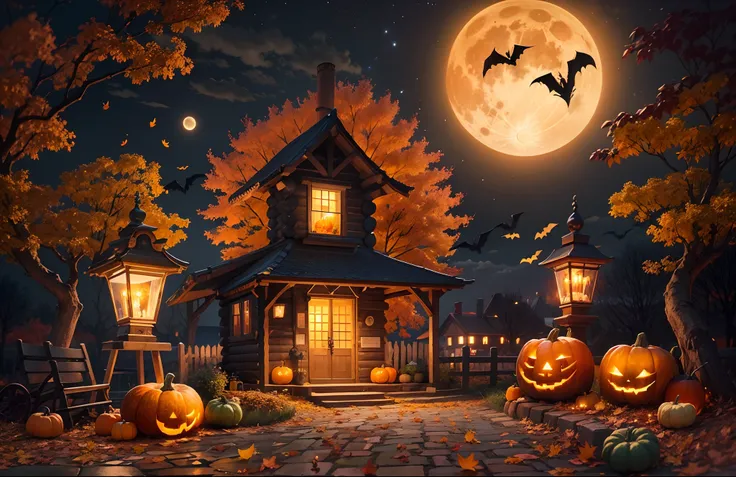 Autumn landscape, Night view of pumpkins, fullmoon, Halloween、Small cabin, Falling leaves, Autumn weather, Small fountain, Realistic, lantern, fire flame