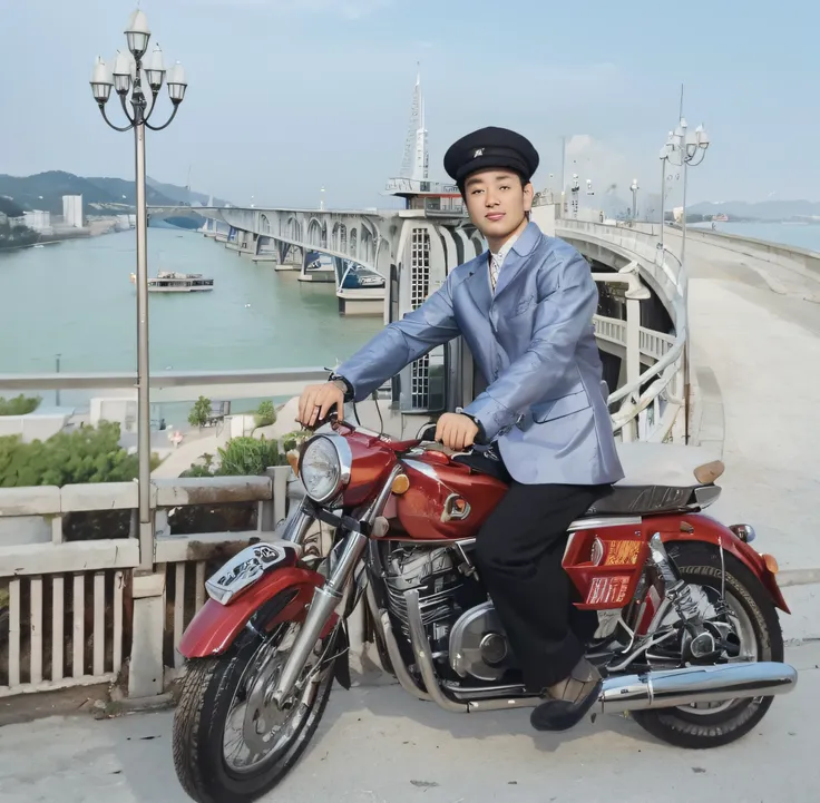 A photo of a 30-year-old Chinese man riding a motorcycle，Good facial features，Symmetrical facial features，Clear ears，Hand coordination，Four fingers，The hands are real，Ultra-clear and realistic facial features，He wears a big black hat on his head，Hats with ...