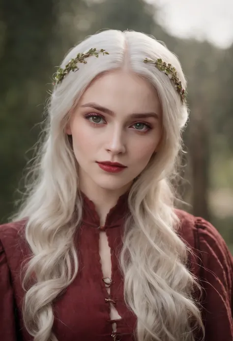 (((a deep reddish wound crosses her left cheek))),((Busty)), fair complexion, woman around 19 years old, natural white hair, distinctive green eyes, wearing kohl, slender and graceful, beautiful, candlelight in a medieval setting, ultra sharp focus, realis...