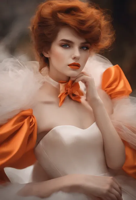 Androgynous boy, brown hair, eyelashes, eyeliner, black eyes, orange lipstick, orange princess dress, orange gloves