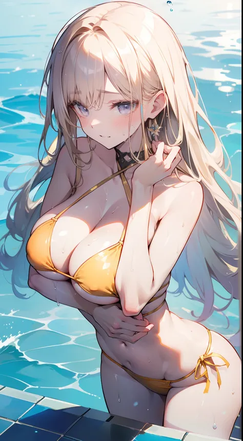 1 beauty, (Light Purple Eyeshadow),platinum-blonde-hair, thick body、thick neck、broad shoulders、Smaller face、smallunderboob、Watery Big Eyes,Beautiful constriction,teeth protrude slightly,Shy smile,long eyelasher,Blushlush, in poolside, Wet whole body, ((Lig...