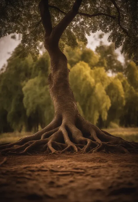 A majestic tree with deep roots, representing stability and authenticity. The camera approaches slowly, highlighting the solidity of the roots.