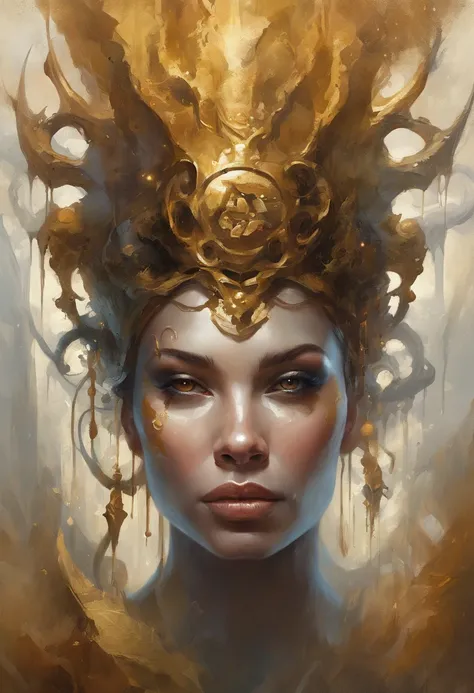 estilo modelshoot, Fantastic golden and black beams, (papel de parede CG unity 8k extremamente detalhado), chaotic storm of intricate liquid smoke in the head, beleza estilizada retrato abstrato de corpo inteiro, pele molhada, por petros afshar, ross tran,...