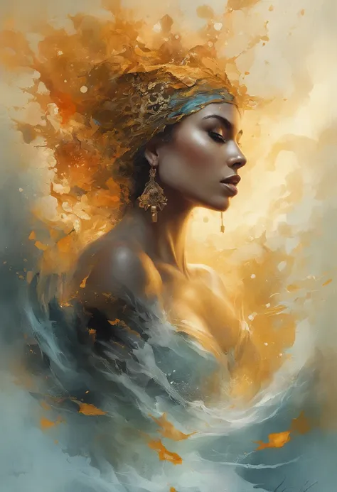 Estilo Modelshoot, Fantastic gold and black beams, tons de dourado, laranja e pastel, (papel de parede CG unity 8k extremamente detalhado), chaotic storm of intricate liquid smoke in the head, beleza estilizada retrato abstrato de corpo inteiro, pele molha...