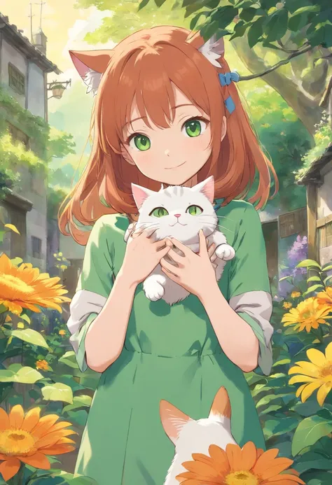 Il y a une fille tenant un chat et une fleur dans ses mains, Elle tient un chat dans ses bras, fille aux cheveux roux, Fille aux yeux verts, Anime mignon, Girl with green and white clothes, belle jeune fille, Tenir un chat dans ses bras, Grosses joues tena...