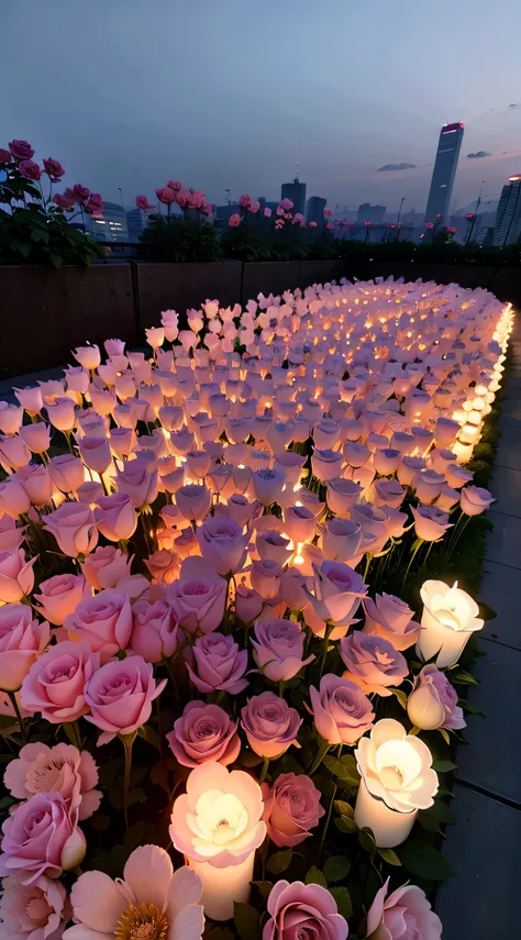 The lit candle is placed on a pink rose bed, rose pink lighting, Glowing flowers, Luminous flowers, lights with bloom, soft bloom lighting, Soft glow, beautiful light up, field of flowers at night, beautifully lit, melanchonic rose soft light, set in tokyo...