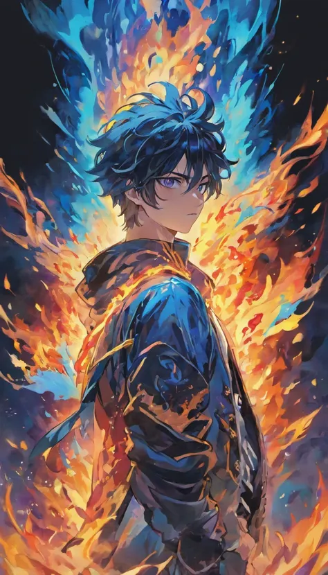 a man with black hair, purple eyes with a blue flame head and jacket, a handsome man with his back engulfed in a large fire, completely covered in flames by slaying the demons