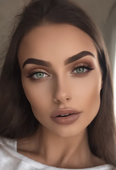 Femme hispanic, fille sexy aux yeux verts, Portrait Sophie Mudd, cheveux bruns et grands yeux, Selfie dune jeune femme, Yeux de chambre, Violet Myers, sans maquillage, maquillage naturel, looking straight at camera, Visage avec Artgram, Maquillage subtil, ...