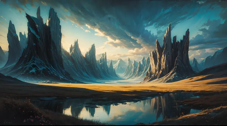 An abstract landscape in oil paints, which creates a surreal atmosphere.