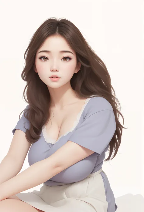 (best quality), big head, (1girl with gigantic breasts:1.3) Sweet girl , hair blow ,s sit poses, Calming , pretty, korean , pretty dress , casual , comfortable, warming , sit , brown hair , Ulzang , sexy  fat girl , big breast , pretty skirt , fat belly