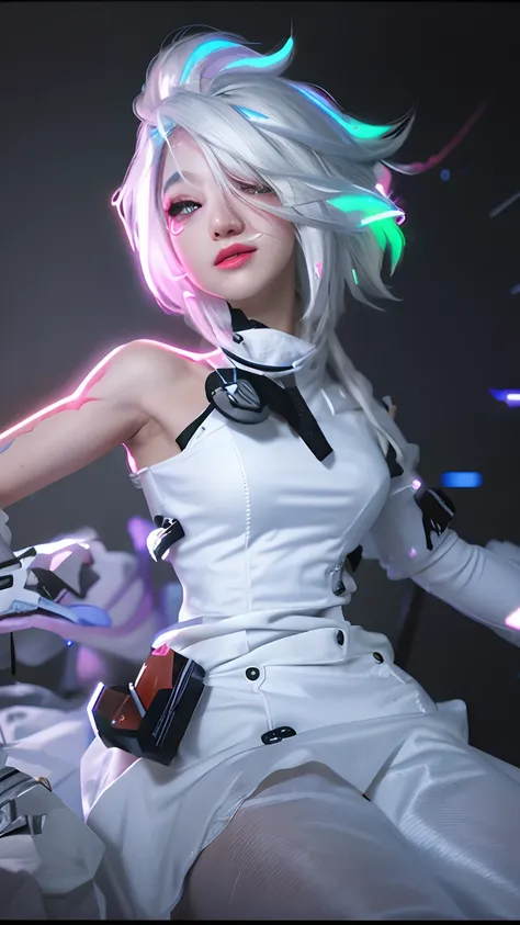 Ultra HD, detailed face, neon sparkles, white hair, black shirt