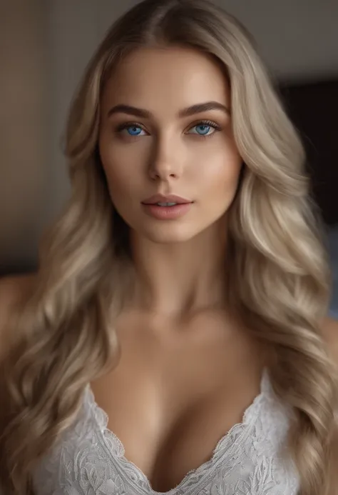 Arafed Full Woman, Sexy Girl with Blue Eyes, , Ultra Realistic, Meticulously Detailed, Portrait of Sophie Mudd, Blonde Hair and Big Eyes, Selfie of a Young Woman, Bedroom Eyes, Violet Myers, No Makeup, Natural Makeup, Looking Directly at the Camera, face a...