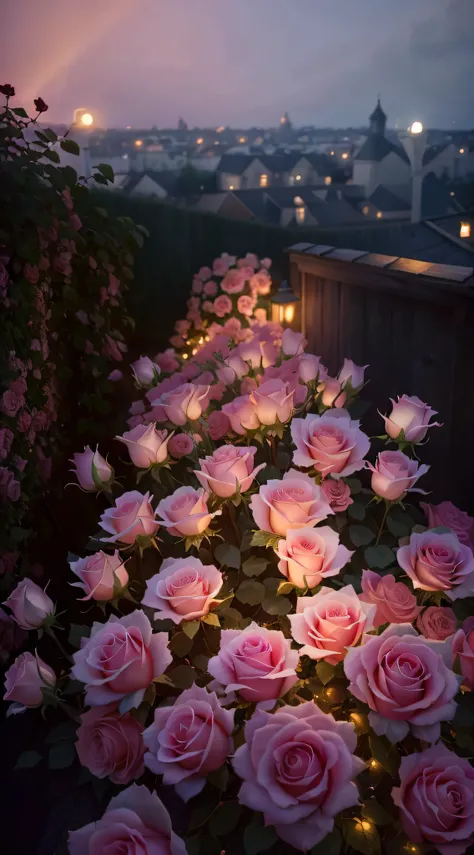 At night, the flowers on the roof are lit in the dark, roses in cinematic light, rose pink lighting, Luminous flowers, very realistic looking, Glowing flowers, beautiful realistic photo, [ Realistic photo ]!!, Very realistic, melanchonic rose soft light, h...