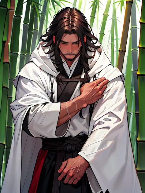 Best quality, high resolution,1 man,Male, mature, Handsome,musculature,Antique costumes, long whitr hair, brunette color hair,Martial arts,Dressed in black, (White cloak:1.3), Dusty, Rough male, Chivalrous, (Bamboo forest:1.3), (Blushing:1.2),Close-up,