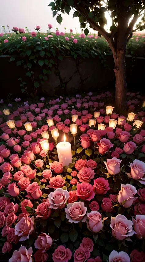 A candle was lit on the rose bed, rose pink lighting, Glowing flowers, roses in cinematic light, Romantic atmosphere, Luminous flowers, beautiful ambiance, lights with bloom, lamps and flowers, beautiful ambiance, Soft glow, soft bloom lighting, field of f...