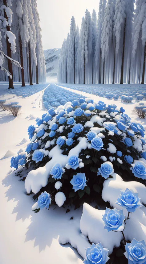 There is a field of blue roses covered in snow, with frozen flowers around her, cold blue colors, Really beautiful nature, blue white colors, beautiful winter area, Blue! and white colors, glowing snow, surreal waiizi flowers, in white and blue, Beautiful ...