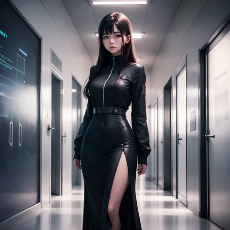 High-tech future world，In the hallways of the school，Standing was a dark-haired woman in a long dress