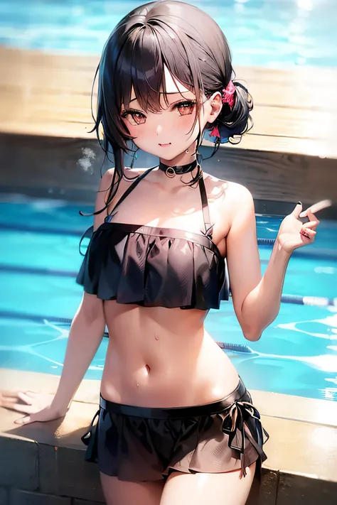 1girl in, (masutepiece:1.1), (Best Quality:1.1), The bikini、(in poolside :1.1), Cowboy Shots, silber hair, length hair, , verd s eyes, sideways Facing,