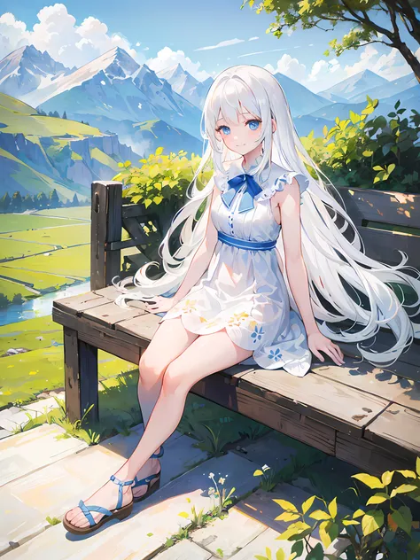 1 girl, long white hair, blue eyes, sleeveless white summerdress, white sandals, beautiful legs, beautiful face, shy smile at the viewer, sitting on a wooden fence, sunny day, rural area, mountains in the distance, masterpiece, high res