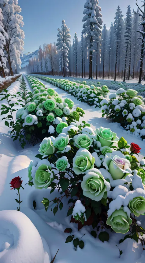 There are a lot of roses in the snow in the fields, inspired by Igor Zenin, Really beautiful nature, author：Igor Grappa, with frozen flowers around her, author：Igor Zenin, roses in cinematic light, surreal waiizi flowers, rosette, Beautiful nature, in rows...