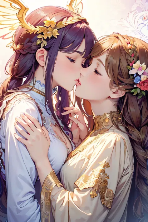 [(white background:1.5)::5], hexagon,masterpiece, (best quality), ((2 girls kissing)),young,upper body,((colorful braided hair)), expressive hair, nightwear ,perfect hands,game cg,absurdres, wallpaper, illustration, large chest, alphonse mucha, art nouveau...