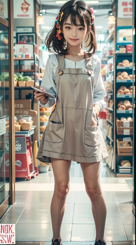 morning, ((pinafore)), General Store, Smiling smile, (NSFW), 1womanl, 独奏, 24 year old, 7headed body, (Ideal ratio body proportions), (Composition from head to thigh), erectile nipple, Sexy body, Wet, short-hair, Dark hair, small tits, A slender, Small butt...