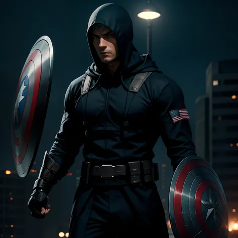 A highly skilled ninja, clad in a sleek Captain America-inspired costume, stands stoically in the beautiful night. Their attire is a perfect blend of an assassins hoodie and the iconic shield. Render this scene in a realistic and detailed style, capturing ...