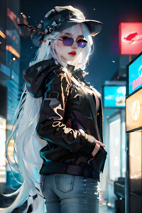 1 girl, white hair, black hat, sunglasses, black jacket, jeans