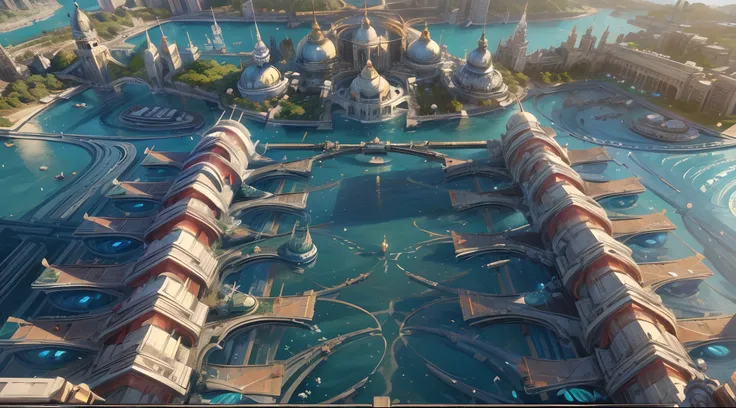 (best quality,8k,masterpiece:1.2), shot from above, wide shot,panoramic,concept art,photography,solar punk theme,futuristic city on top of vast ocean,Venice inspired,volumetric lighting,reflection,global illumination,HD