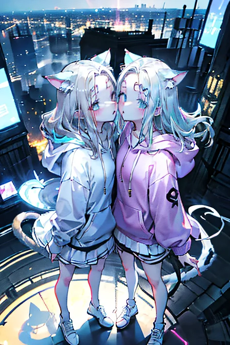 "(best quality,highres),A girl with cat ears wearing a hoodie standing on the rooftop of a building and kissing a girl with white hair wearing a skirt,night view,neon lights"