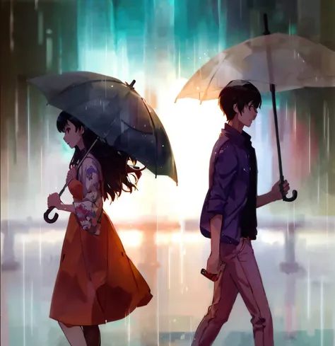 anime couple walking in the rain with umbrellas in hand, guweiz and makoto shinkai, makoto shinkai cyril rolando, conrad roset and makoto shinkai, artwork in the style of guweiz, fiona staples and makoto shinkai, sakimichan and makoto shinkai, atmospheric ...