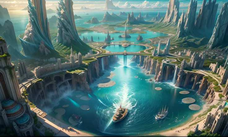 masterpiece, concept art, shot from above, wide shot, panoramic, city of Atlantis, city on water, waterfall, fantasy theme, vast ocean, volumetric lighting, global illumination, HD