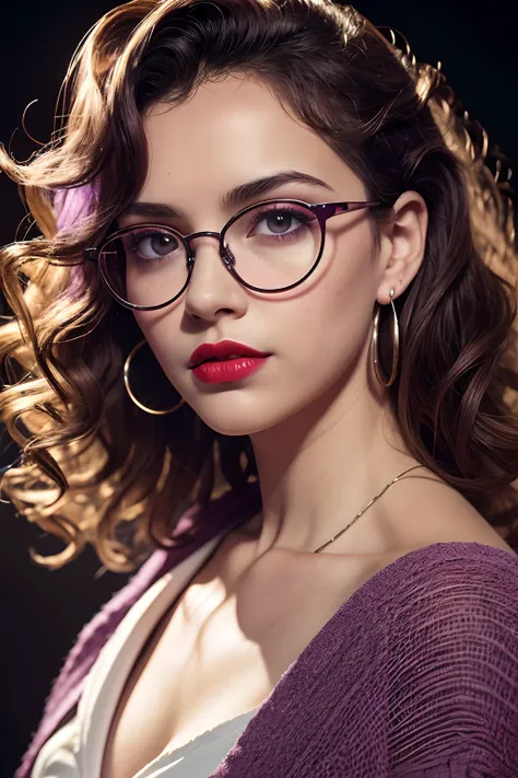 slightly curly hair, frameless glasses, small spots under the corners of the mouth, / pay attention to lilac earrings, slightly ...