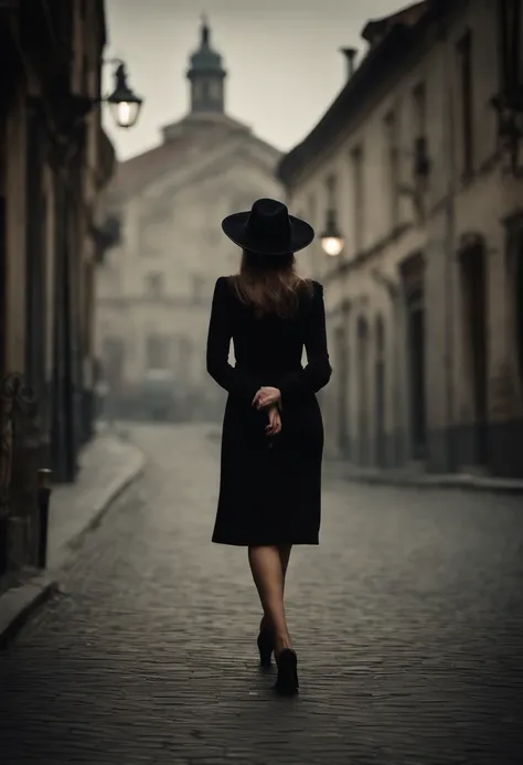 (mysterious woman),black dress,[black hat],(mysterious),walking on [old streets],smoking cigarette,("best quality:1.2"),(ultra-detailed),(realistic:1.37),portraits,moody lighting