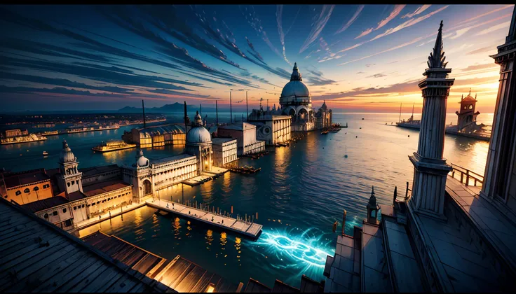 masterpiece, shot from above, wide shot, panoramic, concept art, photography, solar punk theme, a futuristic city a top of the vast ocean, Venice inspired, volumetric lighting, reflection, global illumination, HD