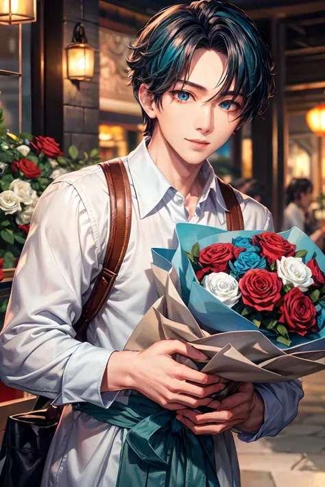 （hoang lap，hight resolution，Hyper-detailing，nffsw），tmasterpiece，best qualtiy，1boy ，Handsome，cabelos preto e longos，fine eyes and detailed face，white  shirt，denim、Bouquet of red roses in hand、cafe terrace，Self-shot，lightsmile，（teal eyes）