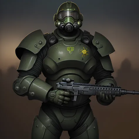 (obra-prima, melhor qualidade), 1 homem, vestindo uma power armor verde(fallout), extremamente detalhado, com capacete fechado, visor amarelo, rifle, dieselpunk, guerra, campo de batalha, StarshipTroopers