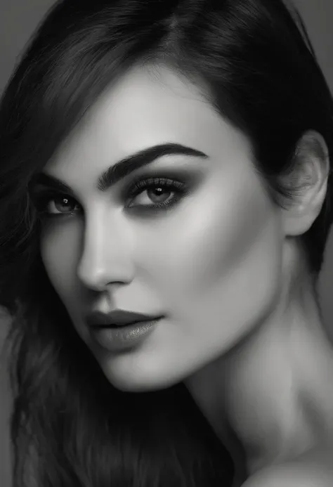 Sasha Grey, (((photorealistic), (grayscale:1.2),  (photography), (best quality:1.5), (shredded and cropped hair), (blushed cheek, eyeliner, brown eyeliner and shadow),  (golden eyes), textured skin, [hyper realistic],  face close, 80mm, soft focus , film g...