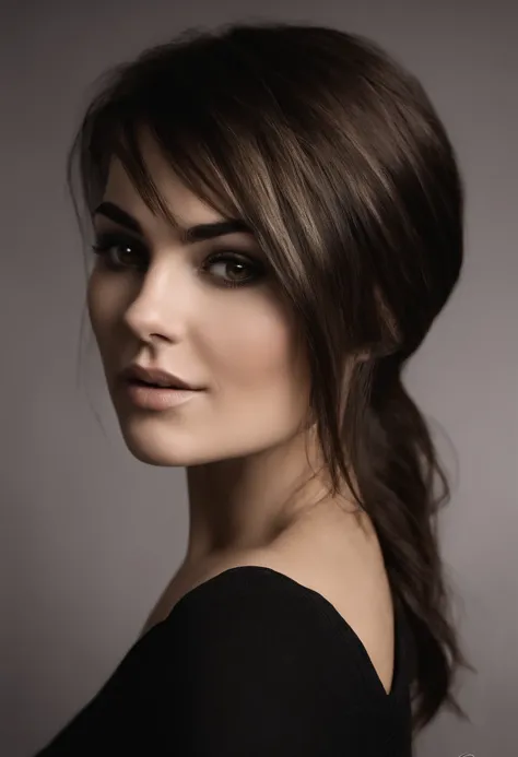 Sasha Grey, (((photorealistic), (grayscale:1.2),  (photography), (best quality:1.5), (shredded and cropped hair), (blushed cheek, eyeliner, brown eyeliner and shadow),  (golden eyes), textured skin, [hyper realistic],  face close, 80mm, soft focus , film g...