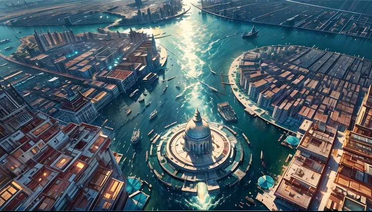 masterpiece, shot from above, wide shot, panoramic, concept art, photography, solar punk theme, a futuristic city a top of the vast ocean, Venice inspired, volumetric lighting, reflection, global illumination, HD