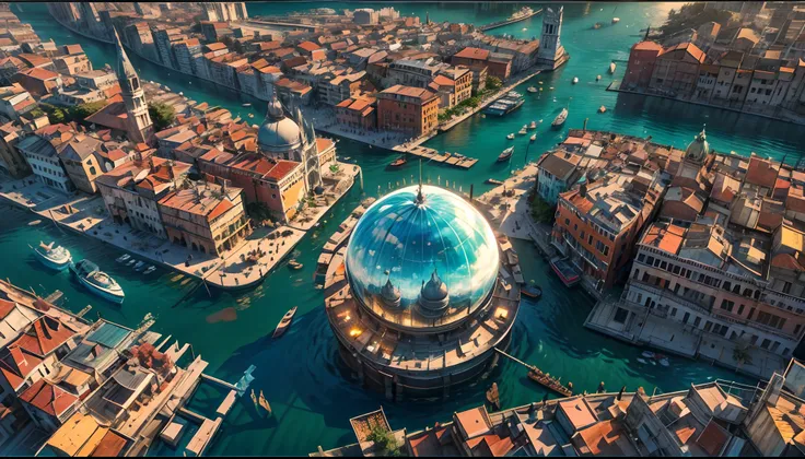 masterpiece, shot from above, wide shot, panoramic, concept art, photography, solar punk theme, a futuristic city a top of the vast ocean, Venice inspired, volumetric lighting, reflection, global illumination, HD