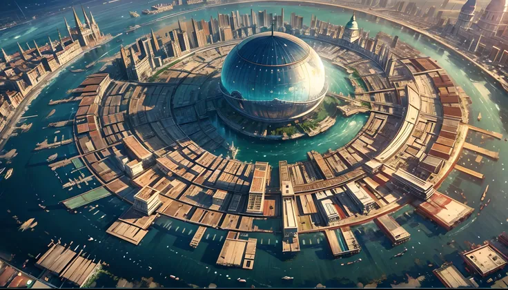 masterpiece, shot from above, wide shot, panoramic, concept art, photography, solar punk theme, a futuristic city a top of the vast ocean, Venice inspired, volumetric lighting, reflection, global illumination, HD