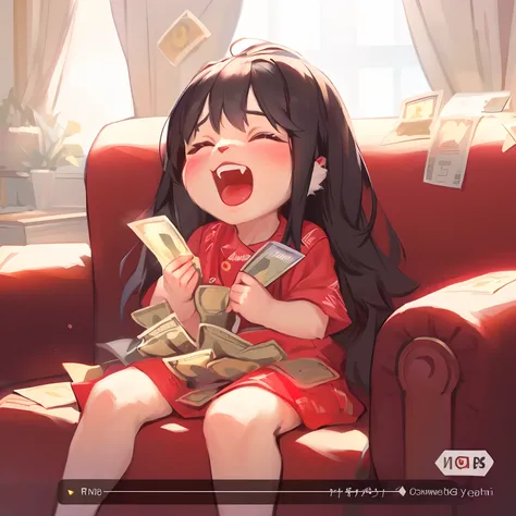 A girl sitting on a red sofa, holding money, in the style of Guweizi, on CGSTATION, Lofi girl, a cute vtuber named Ruankoai, Kawashi, by Yang J, with a Zero vibe, artwork in the style of Guweizi, cute anime, Pisif, Guweizi on the Pisif art station, Pisif G...